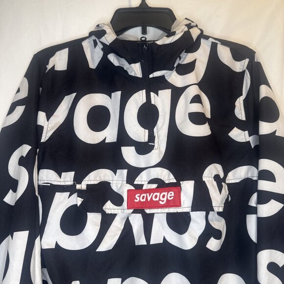 Brooklyn Cloth Mens SAVAGE Black White Lightweight 1/4 Zip Windbreaker Hoodie L - Picture 2 of 9